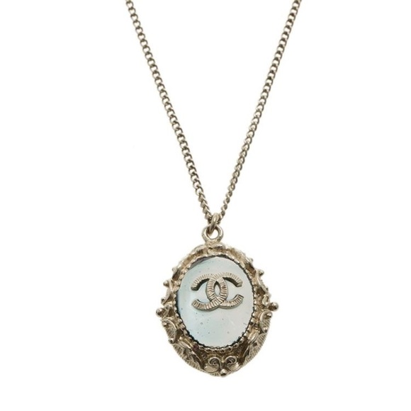 2013 Chanel CC Blue Resin Cabochon Pendant Gold Tone Necklace